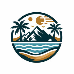 Tropical Beach Logo Style Illustration — Palm Trees, Ocean Waves & Sunset Paradise Design