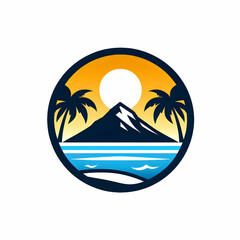 Tropical Beach Logo Style Illustration — Palm Trees, Ocean Waves & Sunset Paradise Design