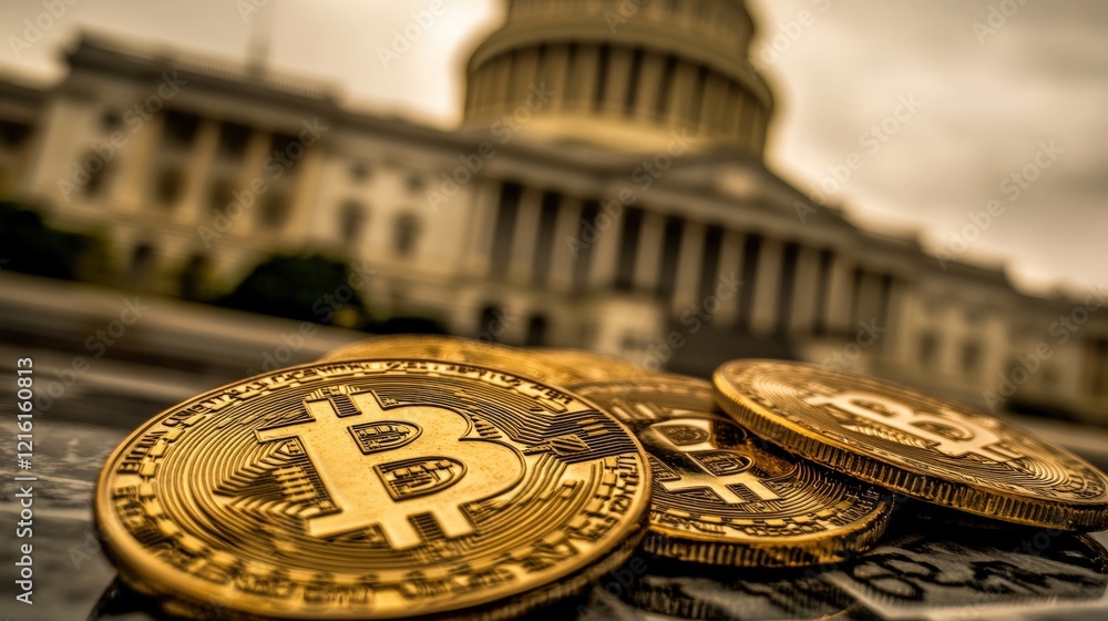 Poster bitcoin coins placed on a table with the us capitol building in the background, symbolizing cryptocu