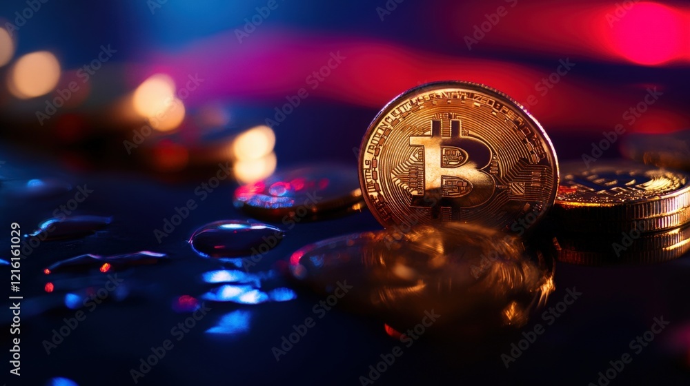 Poster bitcoin coins on reflective surface with colorful lights creating an abstract background, symbolizin