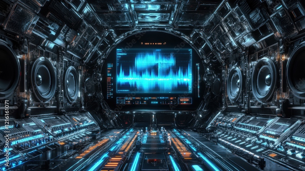 Poster voice recorder with dynamic waveform graphics placed against a futuristic backdrop.