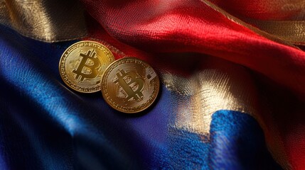 Bitcoin coins on colorful fabric representing cryptocurrency investment in the financial market. Digital currency, blockchain technology and economic impact discussion.