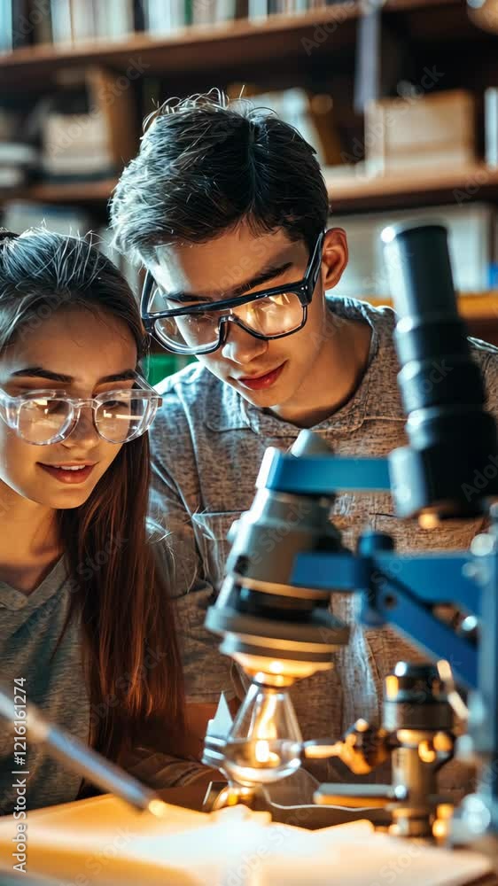 Poster students explore science together using a microscope in a laboratory setting during daylight hours