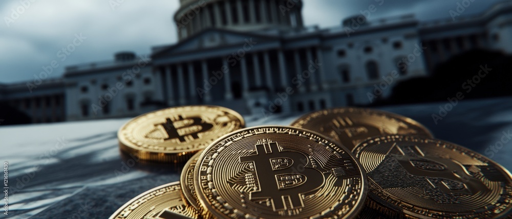 Poster bitcoin coins on a reflective surface with the u.s. capitol building in the background, symbolizing 