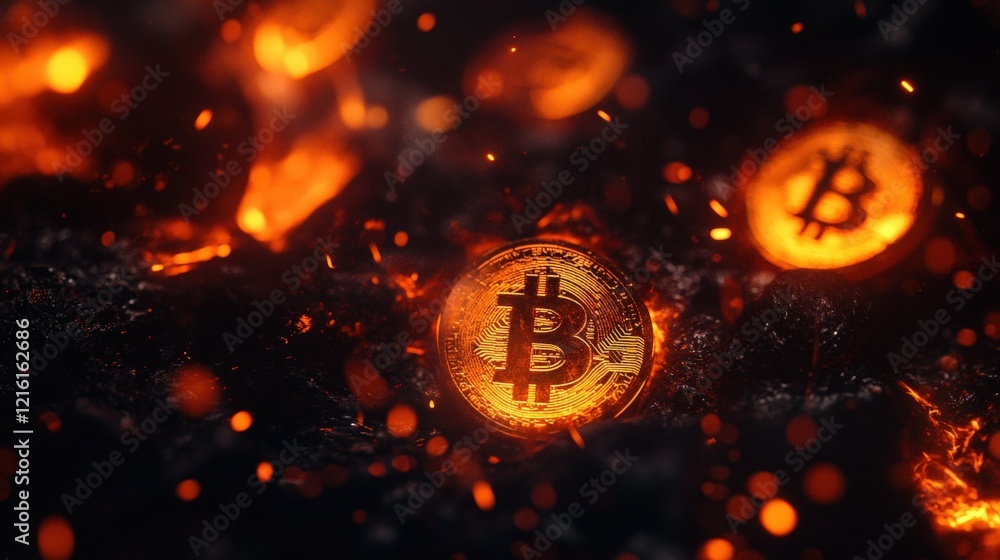 Poster bitcoin coins glowing in a dark background, representing digital currency and blockchain technology.