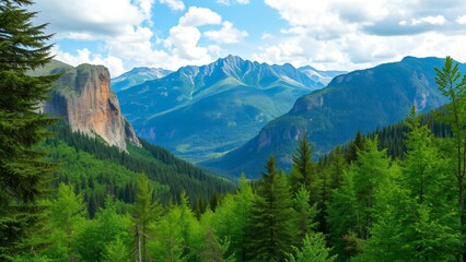 Fototapeta premium Majestic Mountain Range with Lush Green Forest and Blue Sky