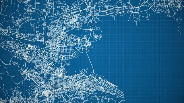 Ink reveal animation of Dalian city, Liaoning, China, grid map. Aerial top view. Blueprint style. White lines with blue background. 4K Seamless loop.