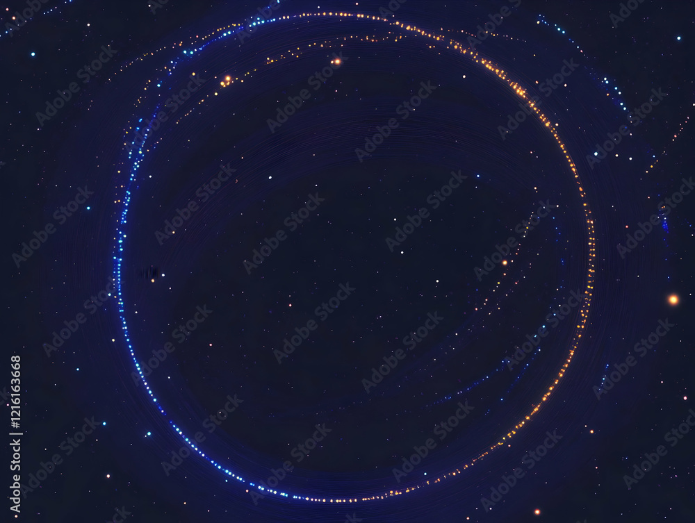 Poster abstract background with circular light trails and sparkling stars in dark blue space.