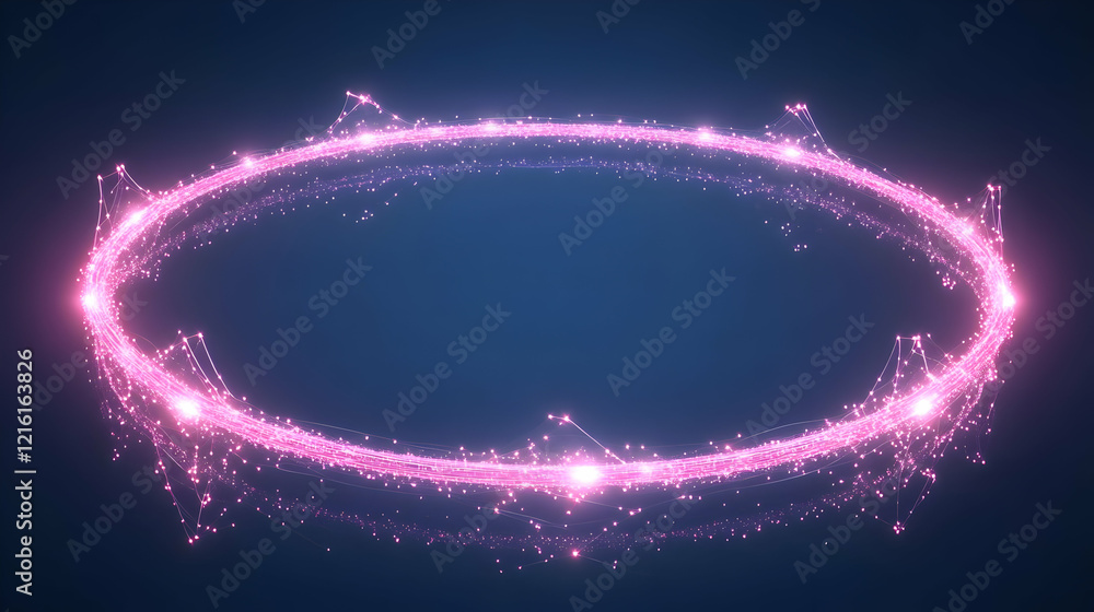 Poster abstract pink light trails form a circle with sparkles and network connections on a dark blue backgr