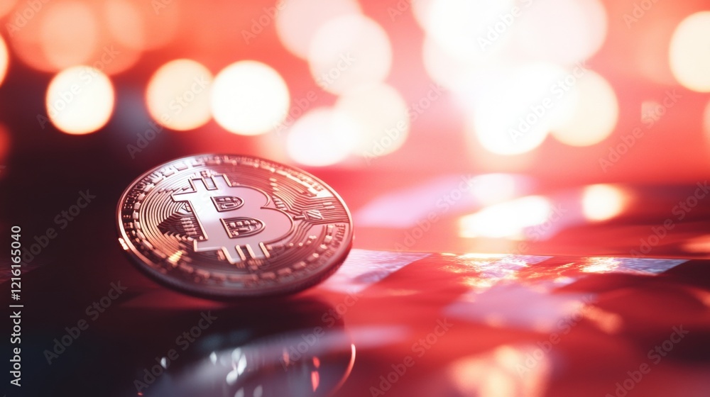 Poster bitcoin coin on reflective surface with blurred bokeh lights in background, illustrating cryptocurre