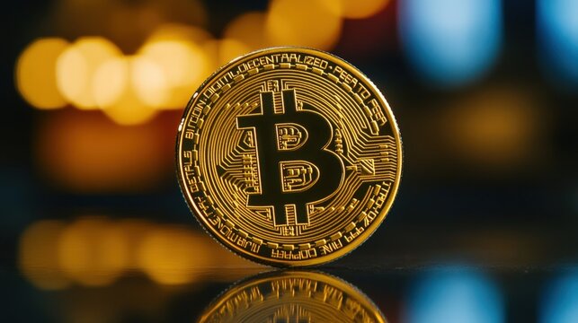 Bitcoin coin on reflective surface with blurred background, symbolizing cryptocurrency investment and digital finance trends. Wealth creation, blockchain technology, and future economy.