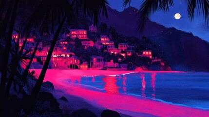 Fototapeta premium Nocturnal Coastal Village Illuminated by Pink and Blue Hues Under a Full Moon