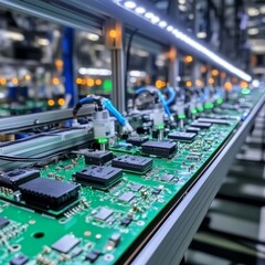 Advanced High Precision Robot Arms on Fully Automated PCB Assembly Line Inside Modern Electronics Factory. Electronic Devices Production Industry. Component Installation on Circuit Board