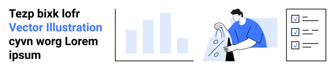 Bar graph display, person with shopping bags, checklist with checkmarks. Ideal for e-commerce, organization, data analysis, task management, productivity planning progress tracking. Landing page