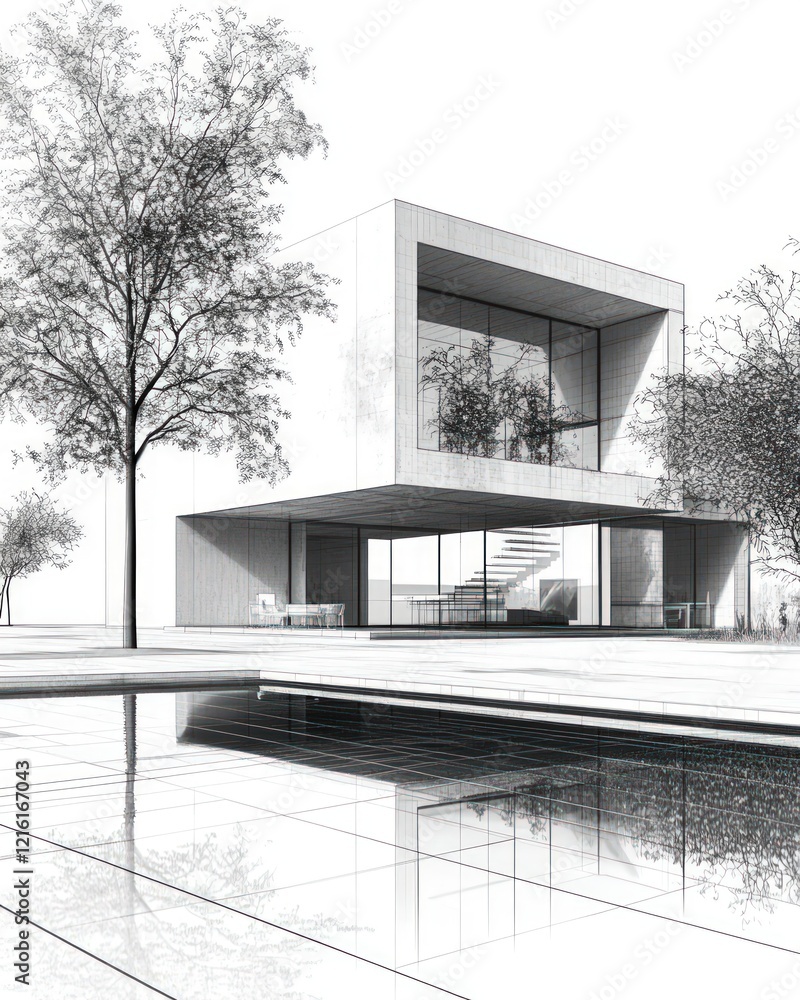 Poster modern architectural design featuring a pool and trees