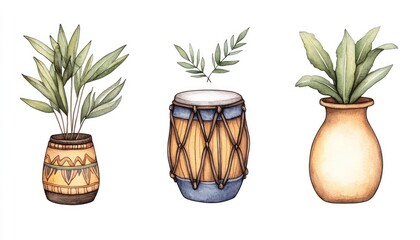 Three decorative pots with plants and a drum, showcasing natural elements and artistic design
