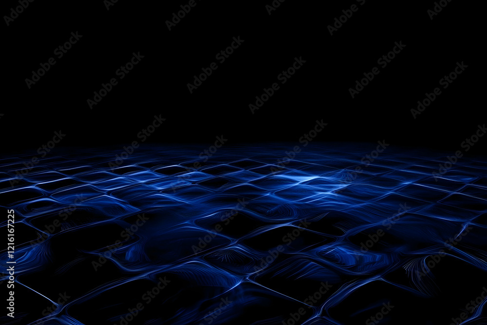 Poster abstract blue wavy grid creates a dynamic and intriguing visual landscape on a dark background.