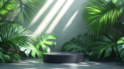 Fototapeta premium A product display image, showing a black circular pedestal surrounded by green plants and white walls. 