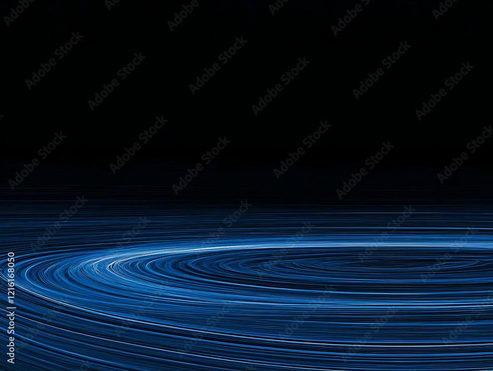 Poster abstract blue light trails form concentric circles on a dark background, creating a dynamic and mode