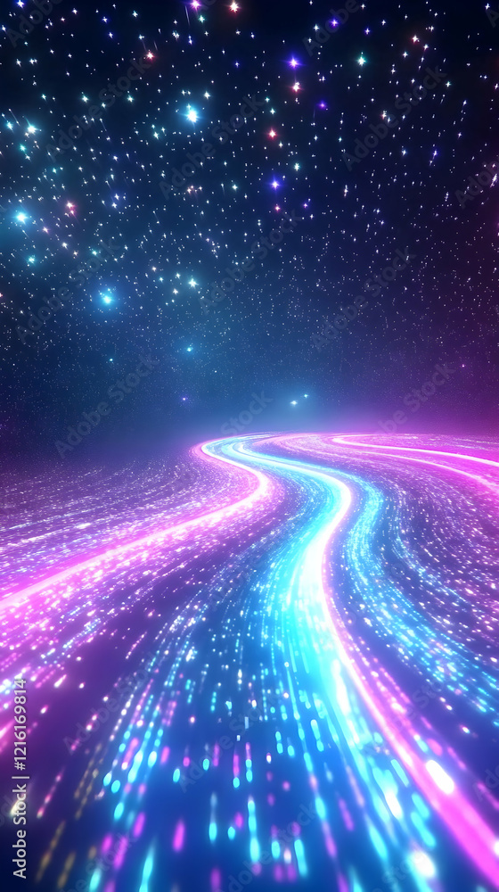 Poster abstract background with glowing neon light trails and stars creates a dynamic visual