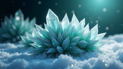 "Abstract frozen cannabis buds formed by icy blue and green crystals with frosted textures, glowing softly on a wintry gradient background."