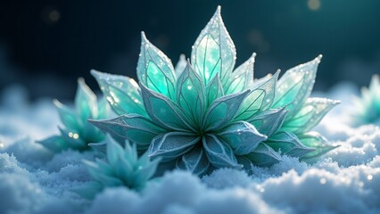 "Abstract frozen cannabis buds formed by icy blue and green crystals with frosted textures, glowing softly on a wintry gradient background."