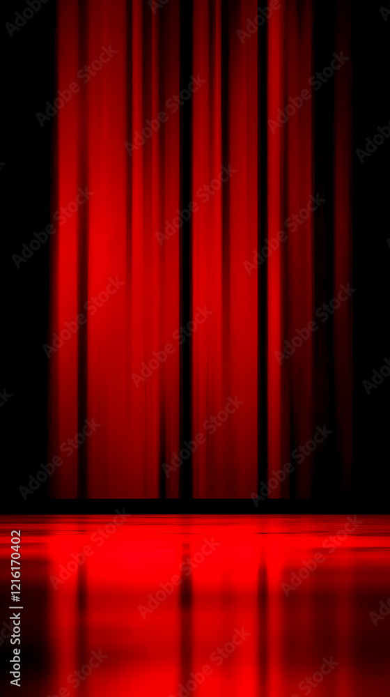 Poster red curtains create a dramatic backdrop on a shiny stage with red lighting
