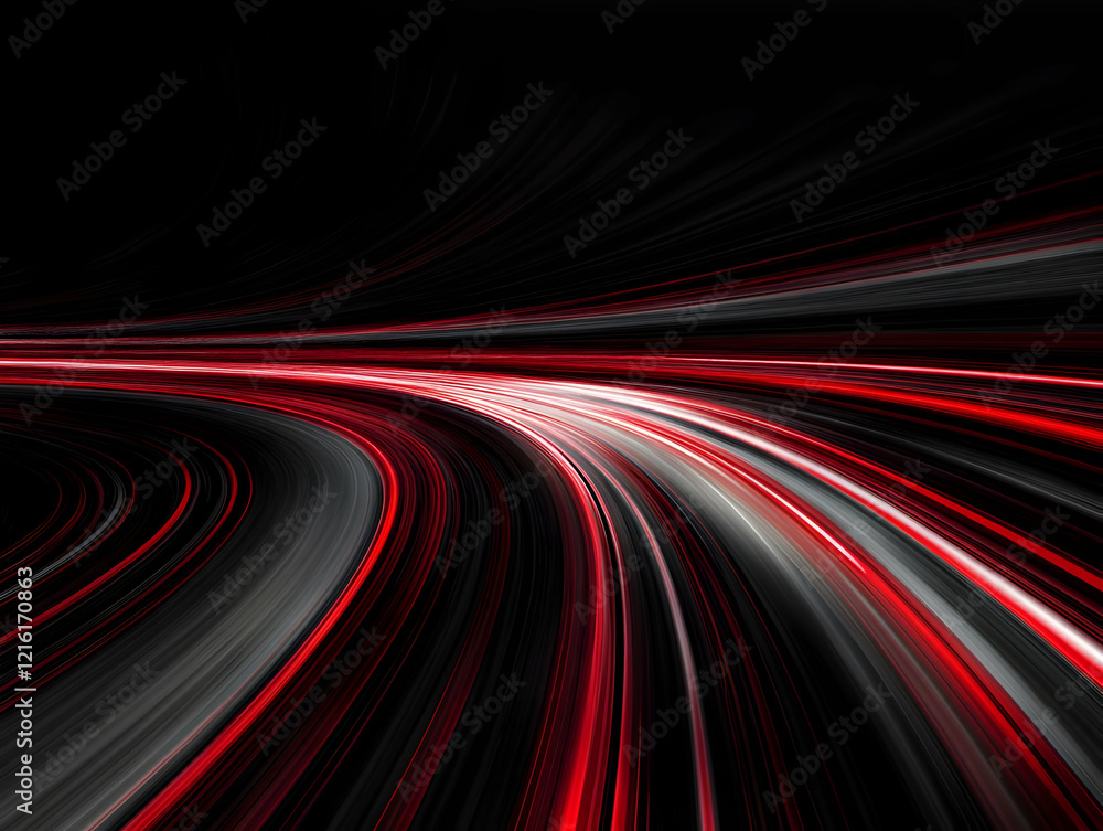 Poster abstract red and gray light trails curve dynamically across a dark background