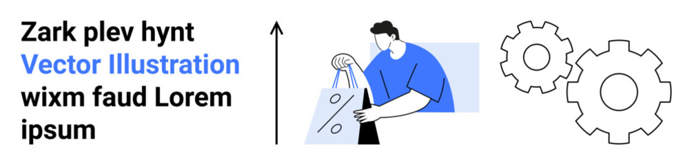 Man placing geometric shapes in a bag, next to gears and vertical arrow. Ideal for teamwork, problem solving, analysis, engineering, planning, innovation productivity. Landing page