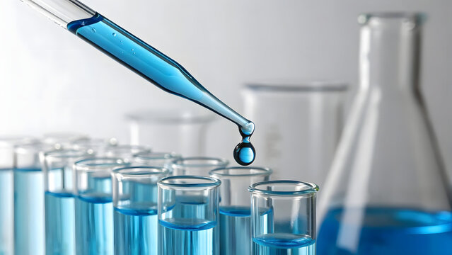 A blue liquid in a transparent glass beaker sits on a white lab, suggesting a chemistry experiment