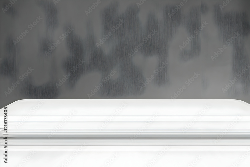 Poster empty white table top on gray textured wall background for product display and placement