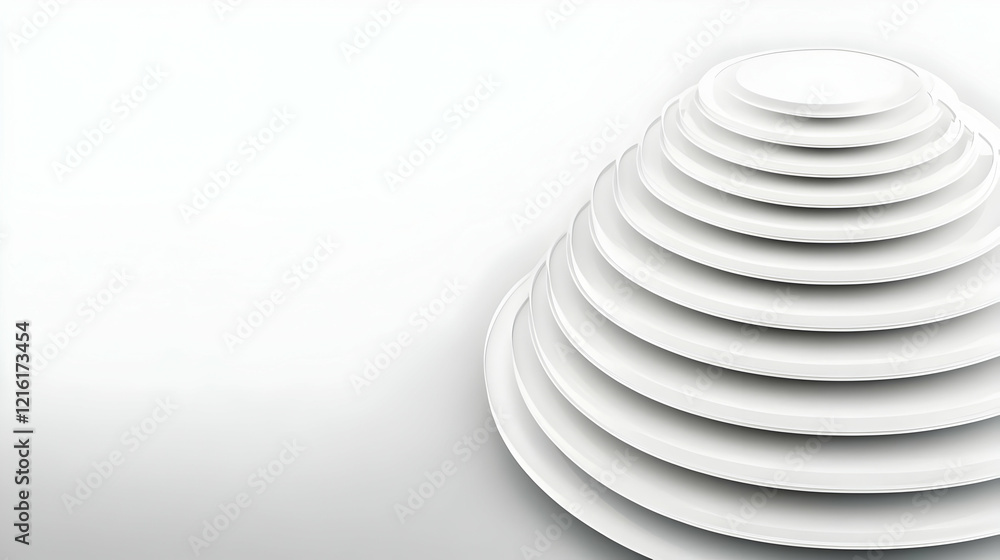 Poster abstract 3d white circular shapes form a spiral structure on a white background.