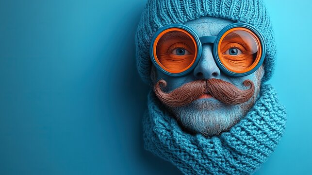 April foolery, humorous goggles, a buffoon's wig, neckwear, and a pretend mustache assembled to imitate a person's facial features on a pastel blue canvas. Space for messaging