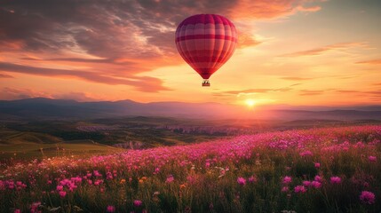 Obraz premium A beautiful flower-shaped hot air balloon soaring above a flower-filled field, with a breathtaking sunset casting golden hues over the landscape