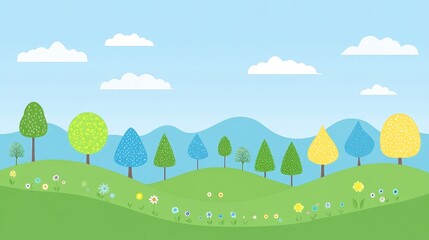 Fototapeta premium Idyllic Spring Landscape with Rolling Hills, Varied Foliage, and Blue Sky