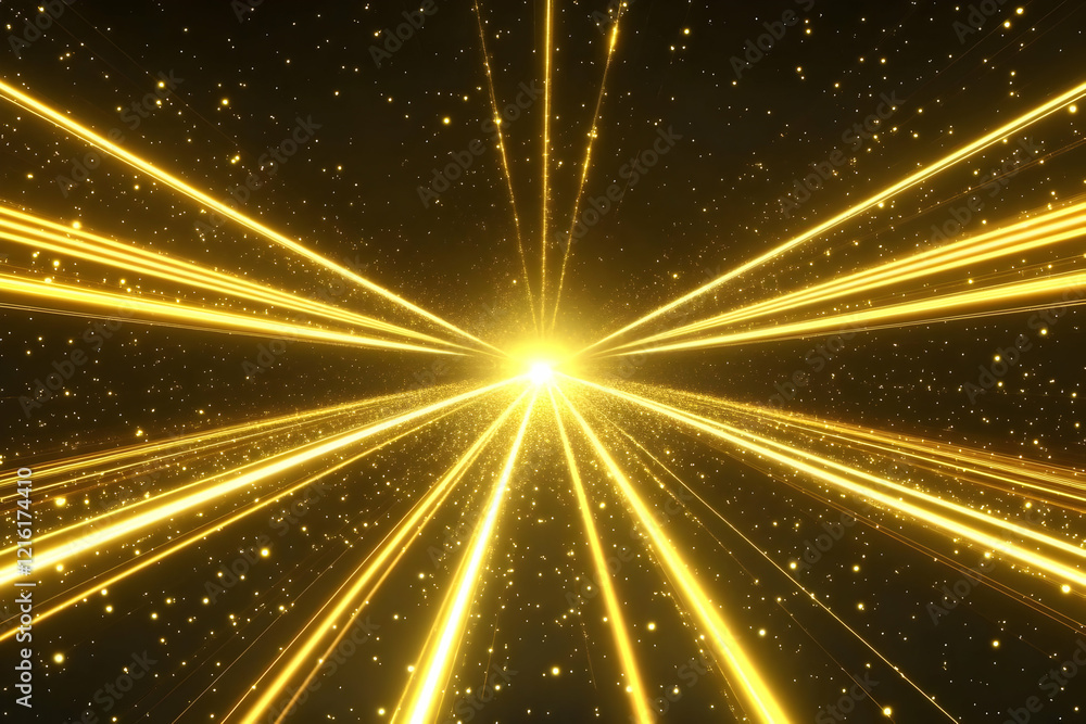 Aufkleber golden light rays burst from a central point on a dark background with sparkling particles.
