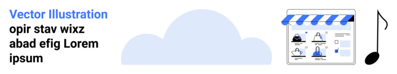 Online shopping storefront interface with various product icons, blue and white cloud symbolizing cloud storage or services, and a music note. Ideal for e-commerce, cloud services, digital marketing