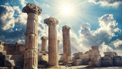 Ancient temple ruins featuring tall stone pillars with sun rays and clouds in the background