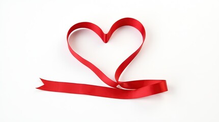 Red satin ribbon in heart shape, isolated on white background. Valentine's Day.
