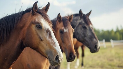 Obraz premium Horses pasture field summer serenity rural calm