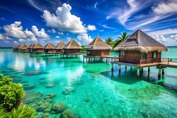 Beautiful blue ocean with a row of small wooden houses on stilts