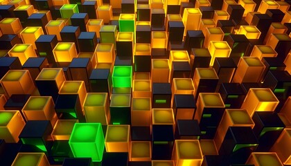 A futuristic grid of glowing cubes in alternating colors of emerald green, electric yellow, and deep black, arranged in a chaotic yet organized 3D pattern