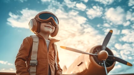 Young Pilot Stands Beside Vintage Airplane with Bright Sky Backdrop