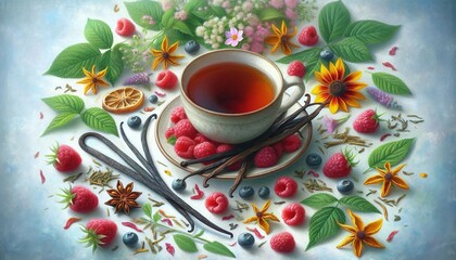 Fresh herbal tea surrounded by vibrant raspberries, mint leaves, vanilla pods, and flowers. A visual representation of natural ingredients and herbal wellness.

