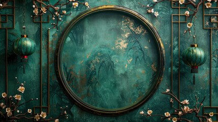 A decorative wall featuring a circular frame, floral elements, and lanterns in a serene design.