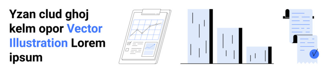 Clipboards with graphs, bar charts, documents with blue check mark. Ideal for business reporting, data analysis, presentations, infographics, educational material, statistical reviews, financial