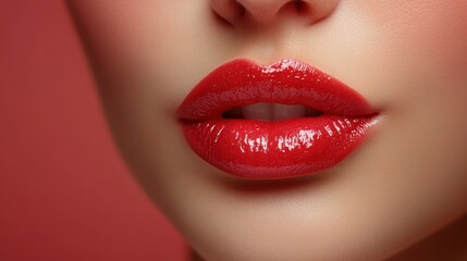Close-Up of Glossy Red Lips on Smooth Skin Against a Soft Background