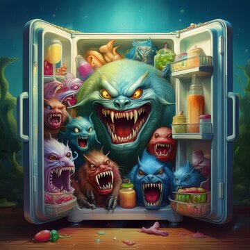 Un mostruo gigante que sale de la heladera quando se abre la puerta, por detras de el, un monton de peque&ntilde;os mostruos lo siguen, imagen ideal para propagandas sobre la fantaciencia