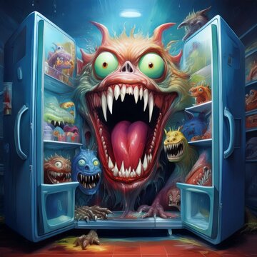 Un mostruo gigante que sale de la heladera quando se abre la puerta, por detras de el, un monton de peque&ntilde;os mostruos lo siguen, imagen ideal para propagandas sobre la fantaciencia