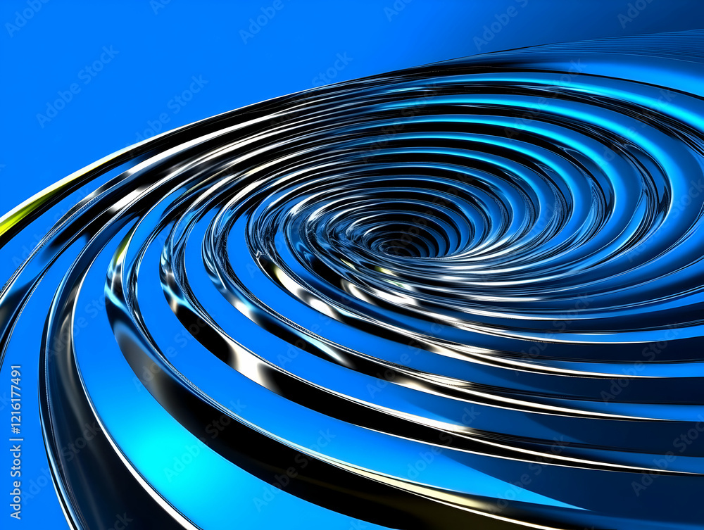 Poster abstract 3d swirl creates a mesmerizing visual vortex with shiny metallic blue rings, dynamically sw